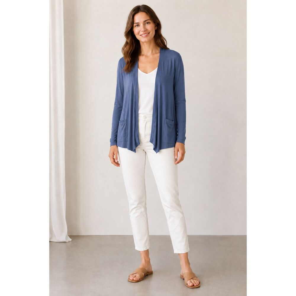 LOGO Lori Goldstein MEDIUM Blue Openfront Drape Cardigan w/ Pockets Long Sleeve